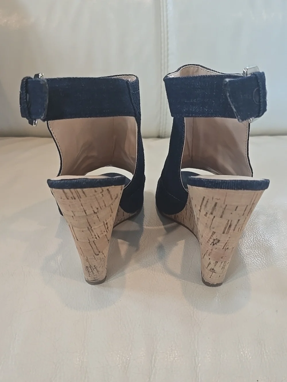Nine West Open-Toe Ankle Wedges in Dark Navy Denim Size 6